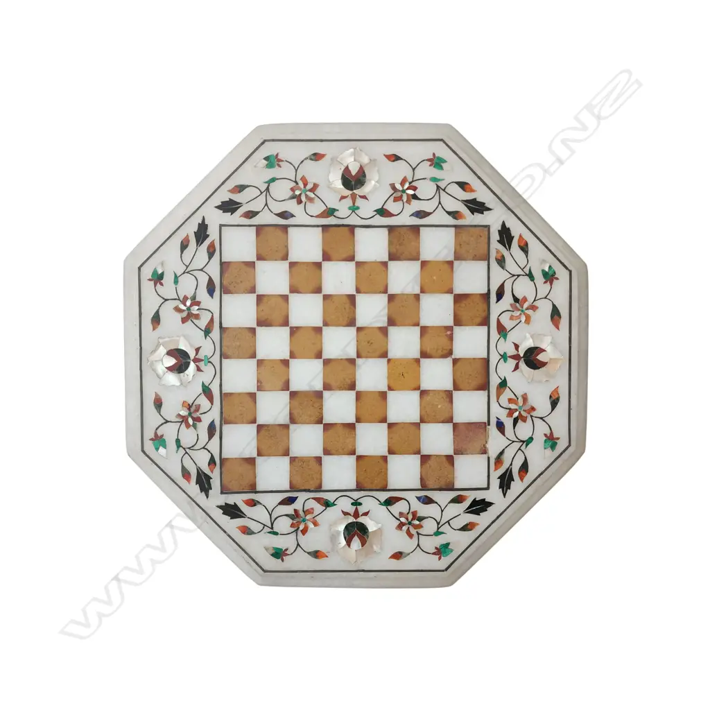 OCTAGONAL MARBLE CHESS BOARD WITH FLORAL INLAY WORK 320 x 320 mm Image 1++