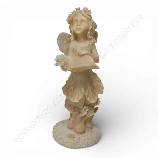 Carved marble sculpture of a pixie girl holding a leaf form bowl. Flowers to her hair H615mm