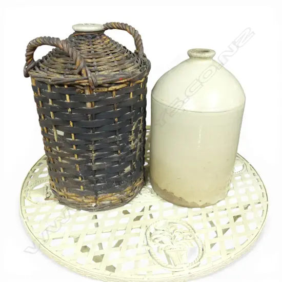 TWO STONEWARE CROCKS ONE IN WICKER SURROUND EX. COOPERS CREEK VINEYARD, H.425mm