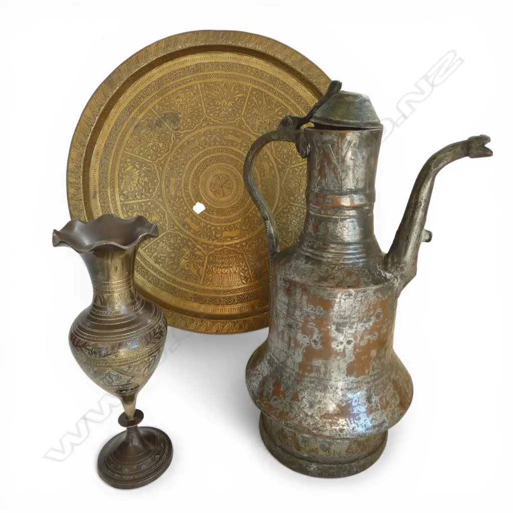 3 METAL PCES; JUG H.365mm, VASE, TRAY 445mm dia Image 1++