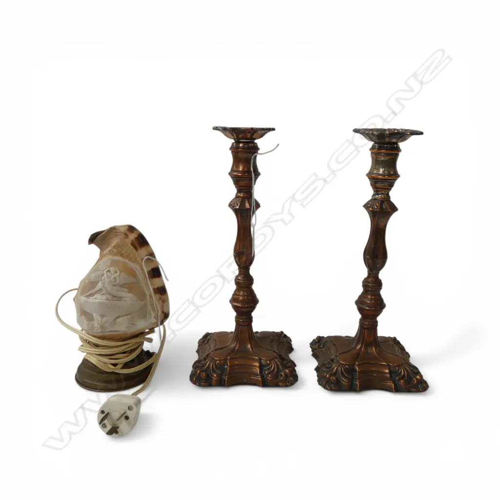 PR WORN SILVER PLATE CANDLESTICKS copper showing through H.295mm + CARVED SHELL TABLE LAMP  Image 1++