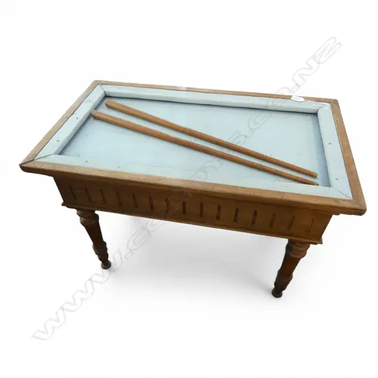 SMALL PROPORTION FRENCH BILLIARD TABLE w. 2 cues, upholstery marked 750x425x545mm
