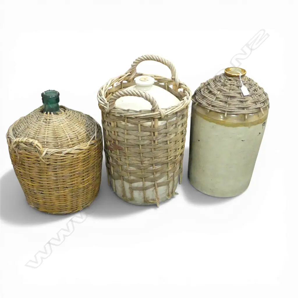 CARBUOY & 2 STONEWARE CROCKS IN WICKER SURROUNDS EX. COOPERS CREEK VINEYARD, H.450mm, 540mm Image 1++