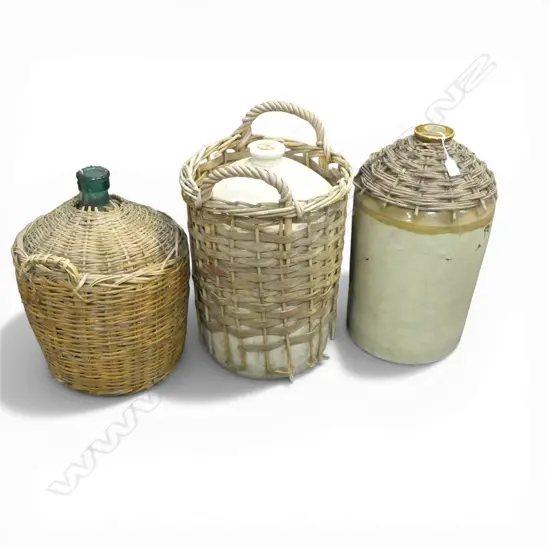 CARBUOY & 2 STONEWARE CROCKS IN WICKER SURROUNDS EX. COOPERS CREEK VINEYARD, H.450mm, 540mm