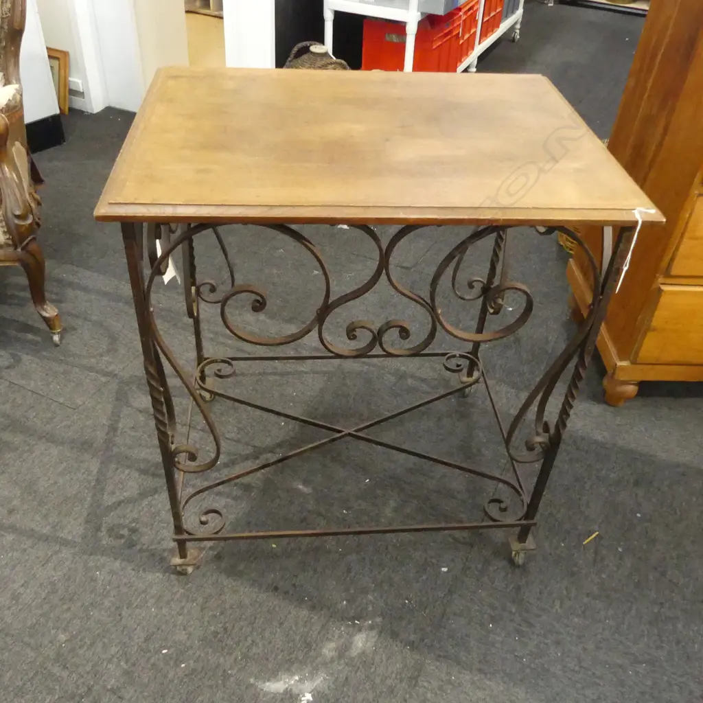 FRENCH 20thC OAK & WROUGHT METAL HALL TABLE on casters 735x560x820mm Image 1++