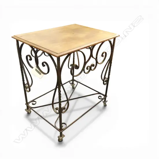 FRENCH 20thC OAK & WROUGHT METAL HALL TABLE on casters 735x560x820mm
