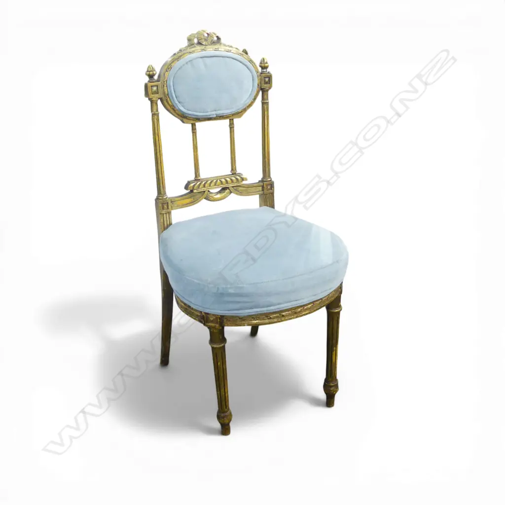 FRENCH STYLE CHAIR w. BLUE VELVET UPHOLSTERY - 1 LEG AF Image 1++