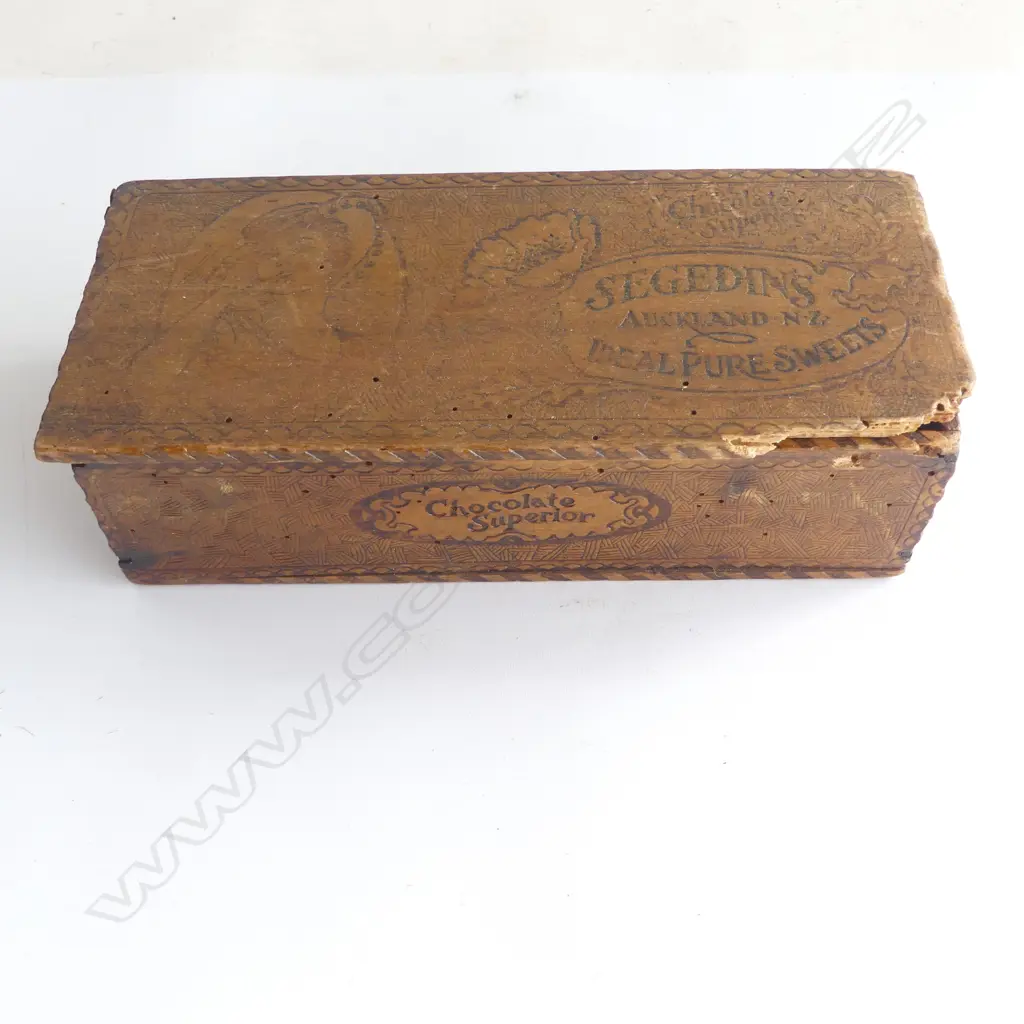 A wooden pokerwork chocolate box made for Segedin's (Auckland) c. 1910-1920, Image 1++