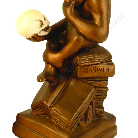 A Darwinian bronzed ceramic sculpture 'Ape with Skull'