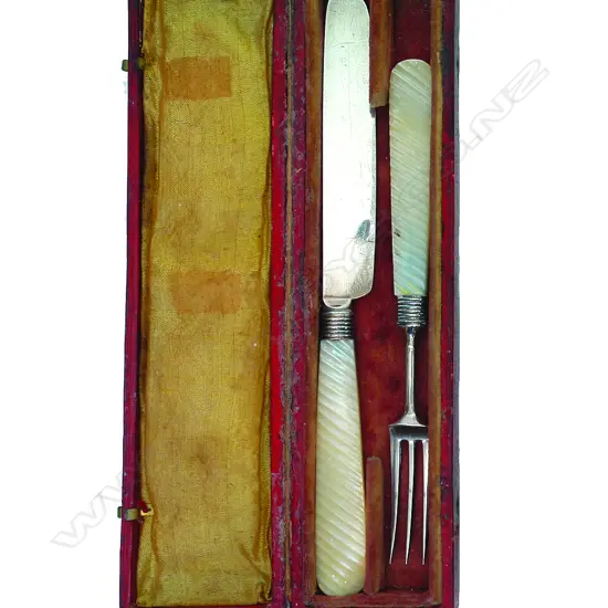 A George III silver and mother-of-pearl fruit knife and fork