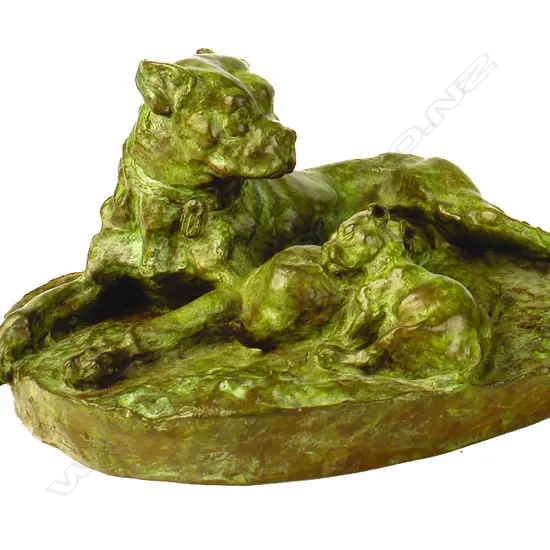 After Walther Wolff (German 1887-1966) 'Liegende Bulldogge mit zwei Welpen'