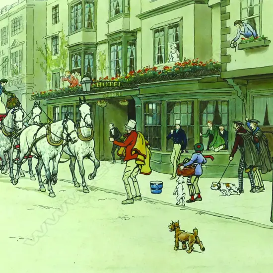 A scarce chromolitho print by Cecil Aldin 'The Oxford Coach Outside the Mitre Hotel'