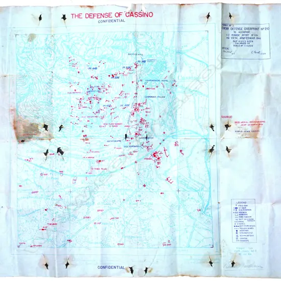 A rare New Zealand historical WWII field map of 'The Defence Of Cassino'