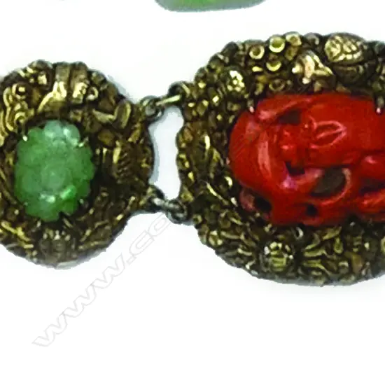 A Chinese silver gilt jade and coral bracelet
