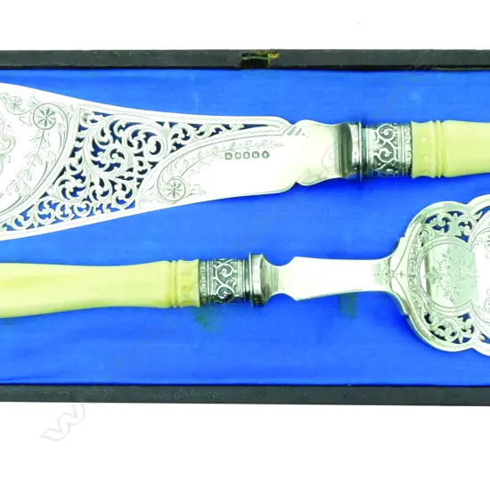 A set of Victorian silver plate and ivory handled fish servers