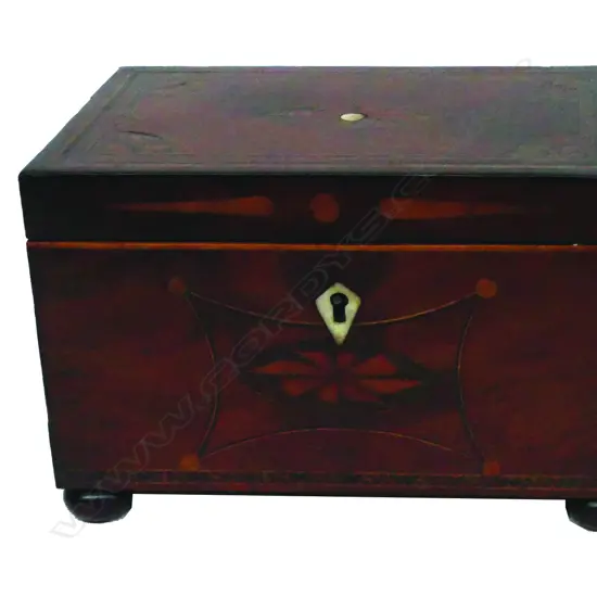 A Geo. III flame mahogany inlaid tea caddy