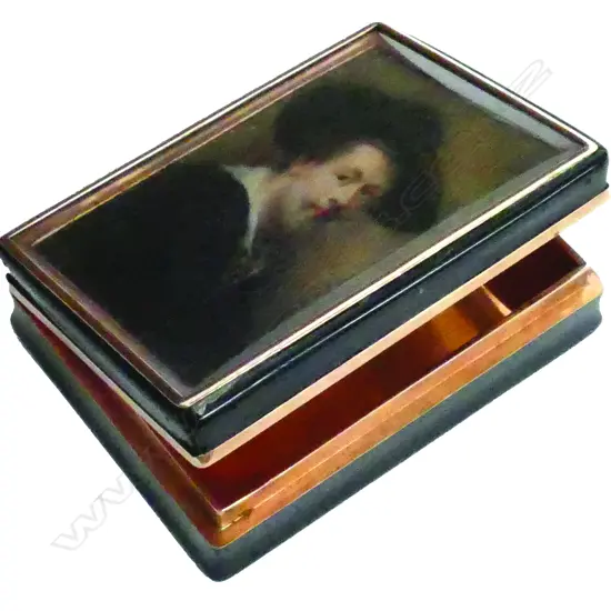 A rare early 19thC tortoiseshell and gold snuff box with portrait miniature painted on ivory paneled lid