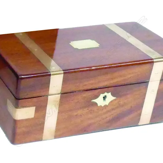 A Victorian mahogany and brass inlaid fitted small work box