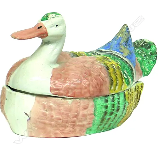 A 19thC Earthenware glazed lidded duck-form bowl
