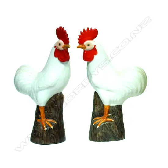 A pair of mid-20thC Chinese porcelain decorative cockerel ornaments
