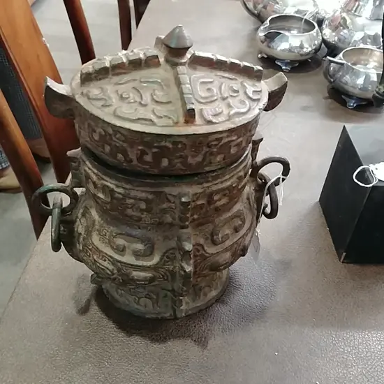 A Chinese replica archaic ritualistic bronze lidded container