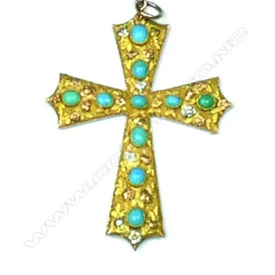 An antique 11ct gold and turquoise cross