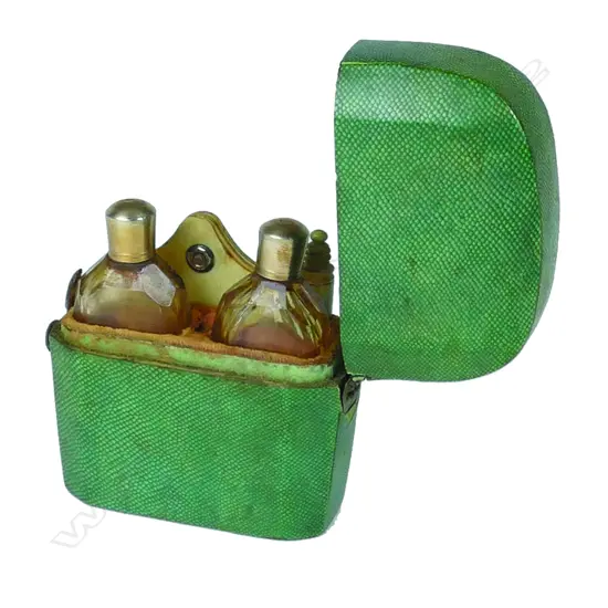 A 19thC Shagreen cased lady's travelling perfume bottle and note pad set
