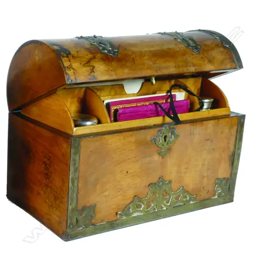 A Victorian brass bound walnut dome top writing box