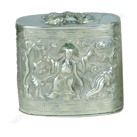 A small heavy unusual Chinese silver lidded box of oval form in two sections