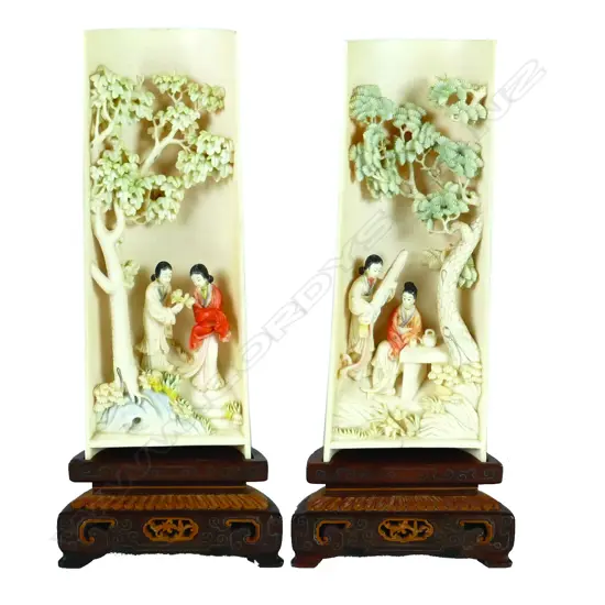 A pair of good quality Chinese coloured ivory tusk sections