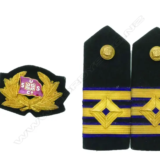 Union Shipping Co. cap badge and three sets of Engineer Officer's shoulder boards (rank epaulettes): Chief (Seagraves