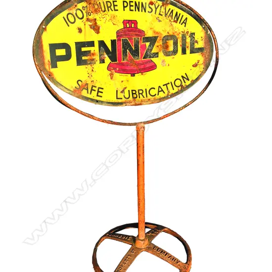 A 1940s Pennzoil oval metal double sided lollipop gas station standing sign in original conforming frame on 'Pennzoil' stand