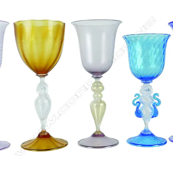 A Harlequin set of eight Murano wine goblets