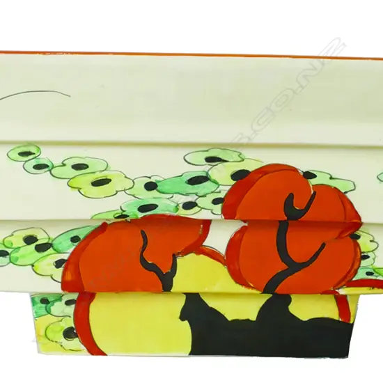 An Art Deco Clarice Cliff large stepped square bowl in the orange Erin pattern. Shape 417