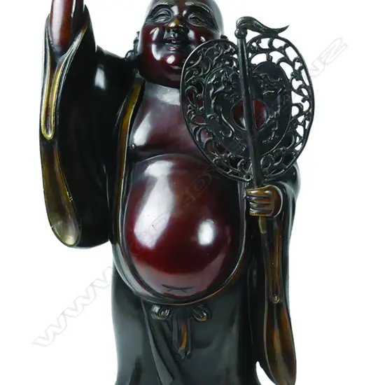 An old Japanese large bronze standing figure of Hotei