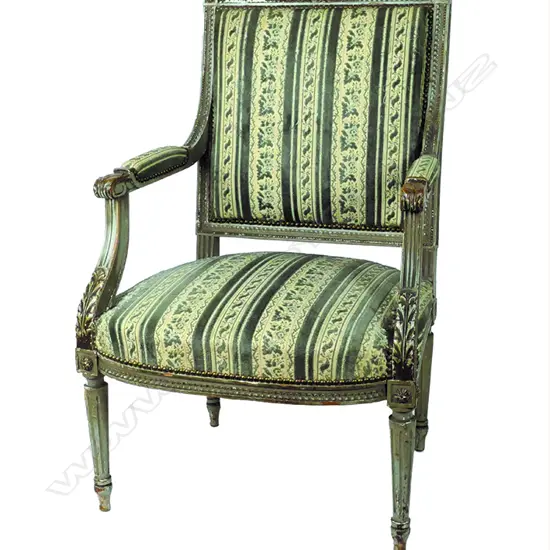 A pair of old French grey/green paint finish walnut open elbow chairs of Louise XVI style