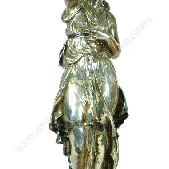 A 19thC silver plated bronze figure of a standing classical woman holding a leafy branch