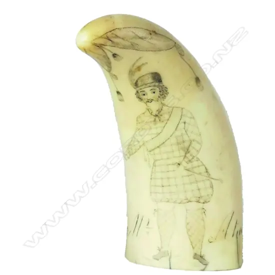 An early scrimshaw whale's tooth depicting a moustached gentleman in kilt and feathered cap