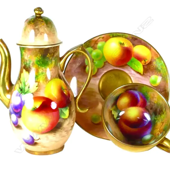 A Royal Worcester hand painted fruit mini coffee pot and cup and saucer