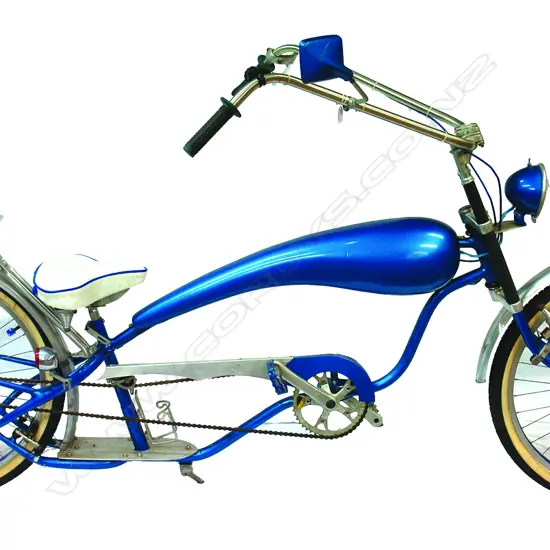A c.2004 long low custom-built blue bicycle by Bob Pipe