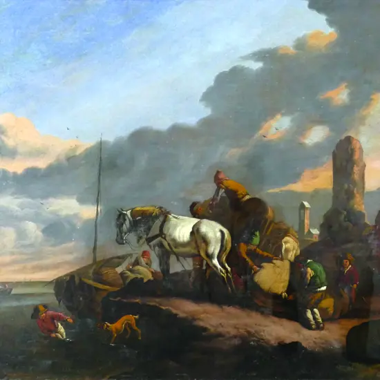 Adriaen Van de Velde (Dutch 1636-1672) attributed.  'Coast Scene Near Scheveningen "The Smugglers" '