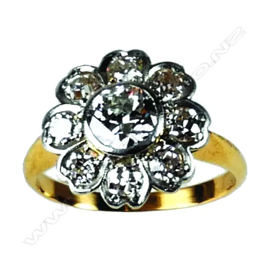 An 18ct. yellow gold and platinum diamond set cluster ring