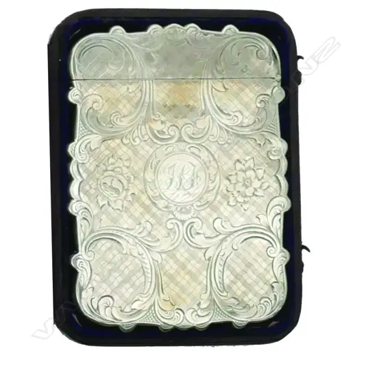 A Victorian finely engraved silver card case in original fitted leather case