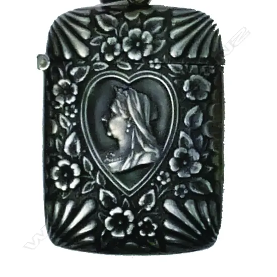 A silver vesta case embossed with a portrait of Queen Victoria