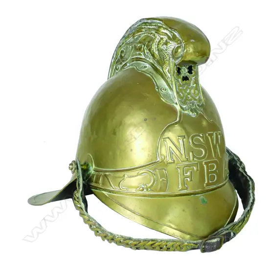An antique brass Merryweather type brass fireman's helmet badged for the New South Wales Fire Brigade