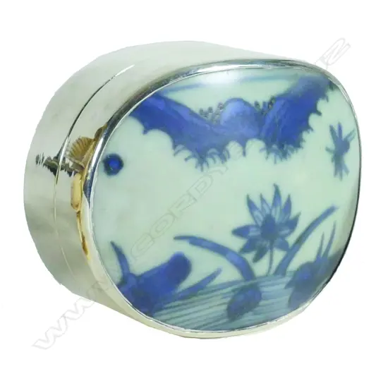 An old Chinese blue and white porcelain panelled lidded silver box