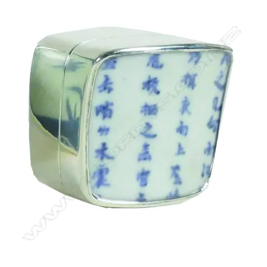 An old Chinese blue and white porcelain panelled lidded silver box