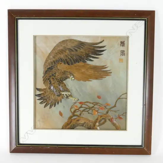 A Chinese collage picture of an eagle alighting on a wind swept bough