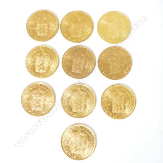 Ten Dutch 21.6ct. gold 10 guilder coins