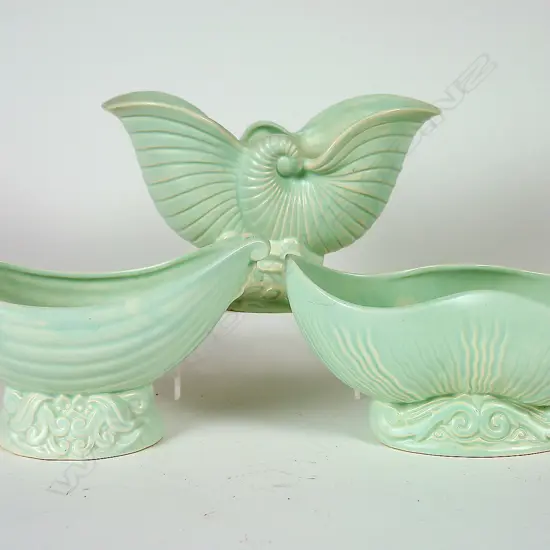 Three Crown Lynn matte mint green trough form vases